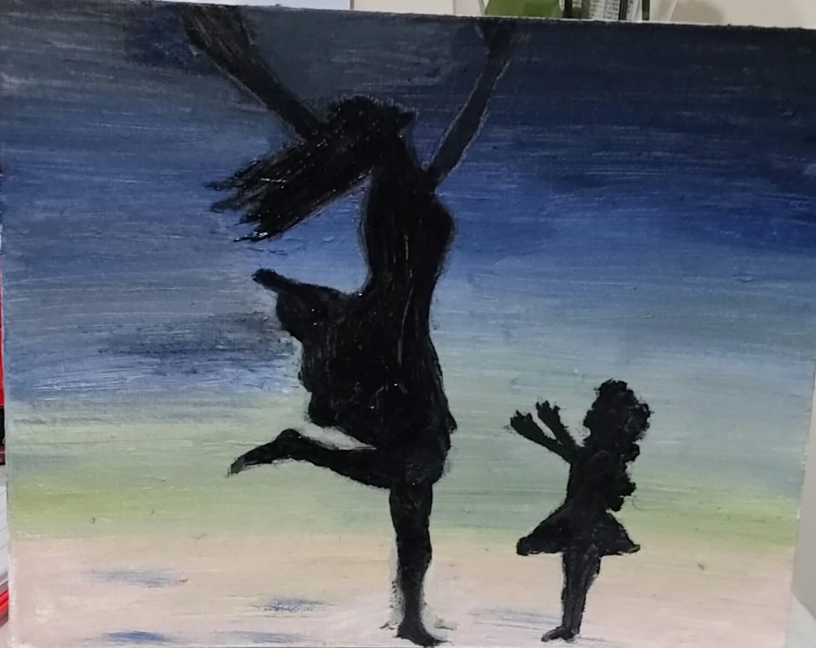 A silouette of a mother with her arms reached to the air stands before a little girl silouette with her arms stretched out to her. The sky is dark behind them and the image creates a sense of intense unease, loss and desperation.