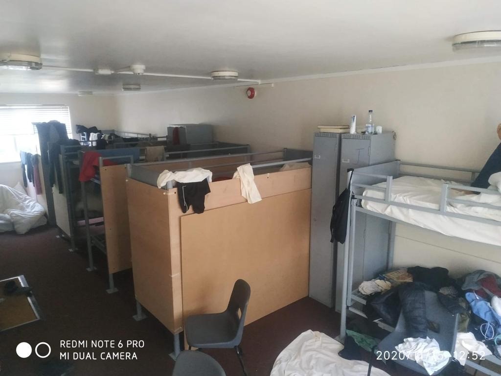 The unpleasant internal view of one of the overcrowded camp accommodation blocks is shown